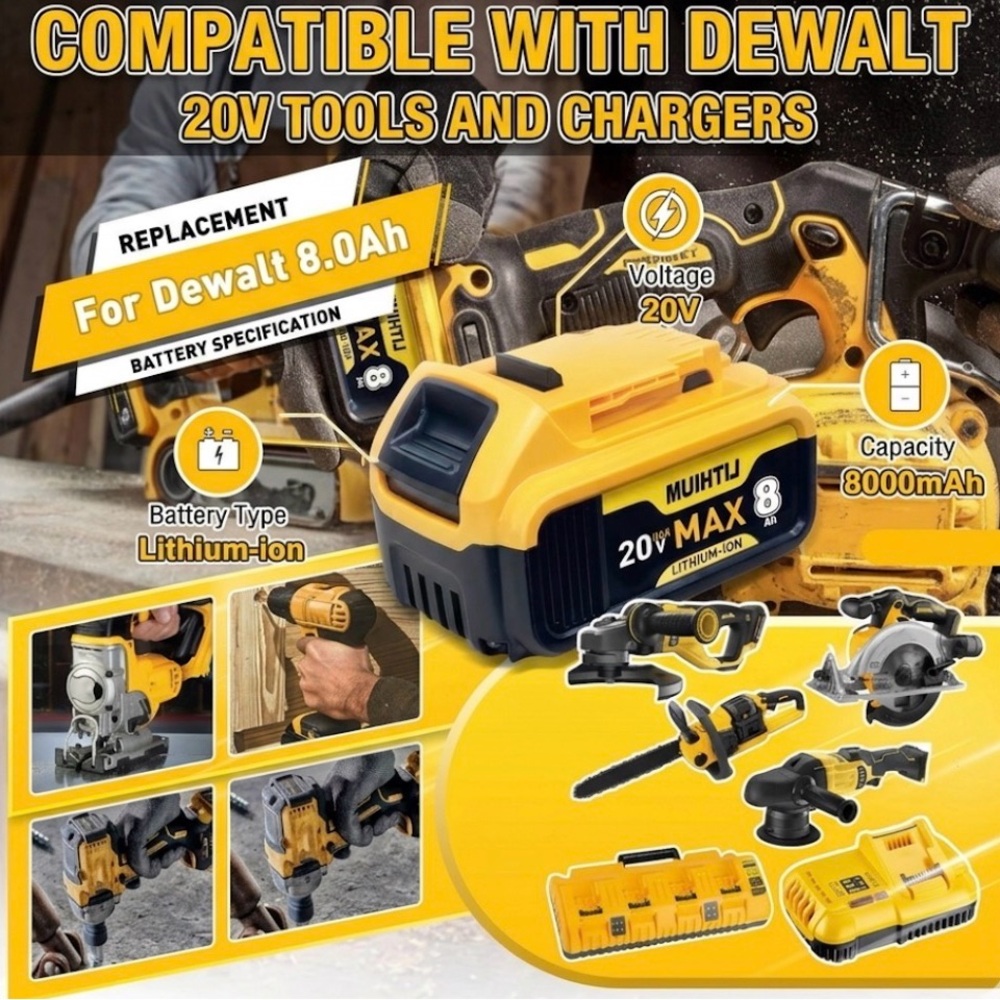 8.0Ah Replacement Battery for DeWalt 20V Max Compatible DCB200-DCB205